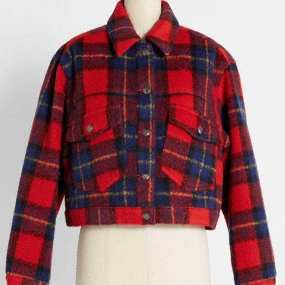 Oat New York Red Plaid Cropped Jacket Size Large